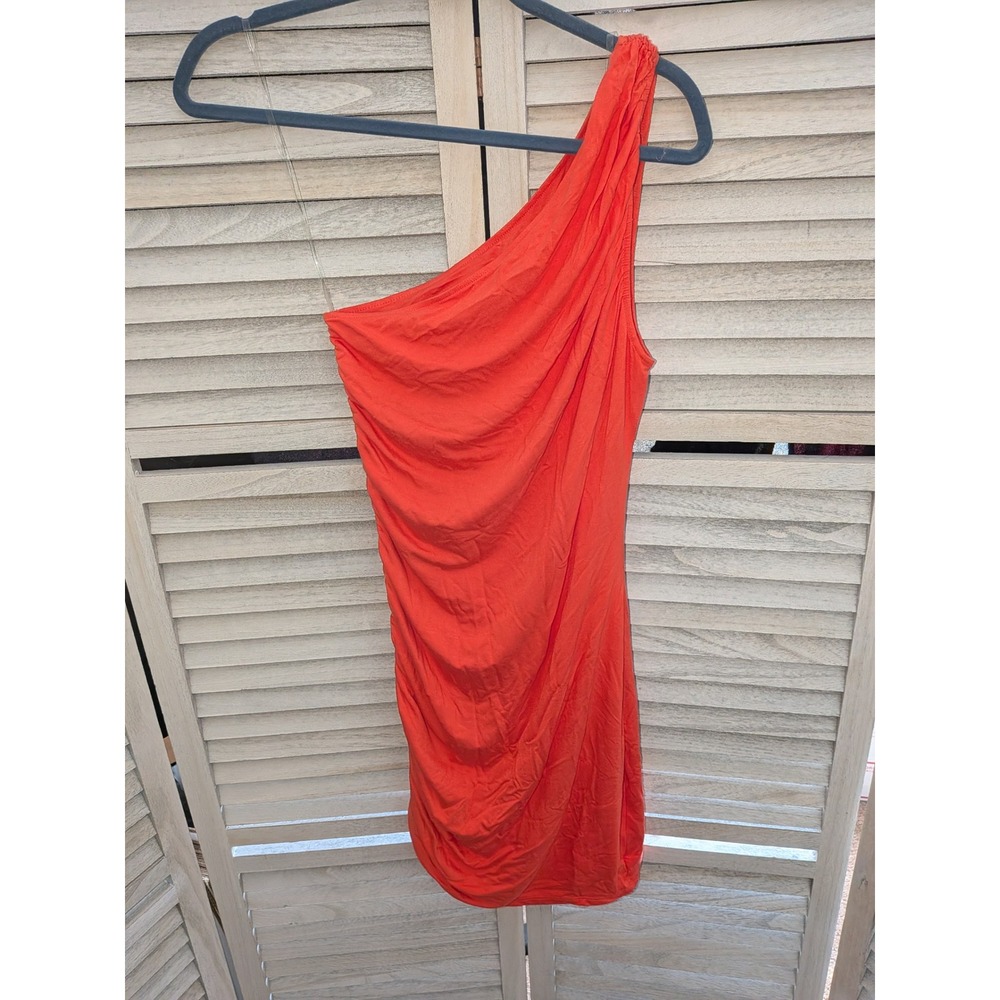 A‎ New Day Womens One Shoulder Ruched Bodycon Mini Dress Orange Small NWT